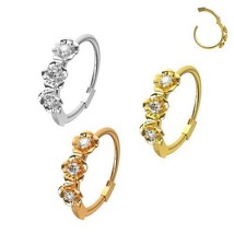 316L Surgical Steel Triple Flower CZ Hinged Clicker Hoop Nose Ring 16G - £35.14 GBP