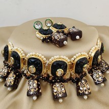 Indian Bollywood Style Gold Plate Kundan Choker Necklace Black Jewelry Set - £37.96 GBP