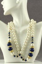 VINTAGE Costume Jewelry Gold Tone Faux Pearl Blue Confetti Lucite Necklace 42&quot; - £22.60 GBP