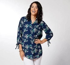 Joan Rivers Floral Print Tunic Top Bow Sleeves Navy blue Reg 6 New A310924 - $16.19