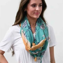 Turquoise Yellow Cottage Floral Design Lightweight Tasseled Scarf - £19.42 GBP