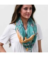 Turquoise Yellow Cottage Floral Design Lightweight Tasseled Scarf - £19.46 GBP