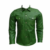 Stylish GREEN Men&#39;s Shirt Handmade Genuine Lambskin Leather Casual Biker... - £83.66 GBP