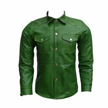 Stylish GREEN Men&#39;s Shirt Handmade Genuine Lambskin Leather Casual Biker... - £84.80 GBP