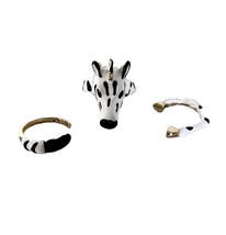 Fun Cute Set 3 Adjustable Up to size 7.5 Enameled Rings Zebra Head Legs &amp; Tail - £15.14 GBP