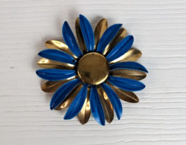 Vintage Large Metal Enamel Flower Pin Brooch blue and gold tones 60s - $9.89