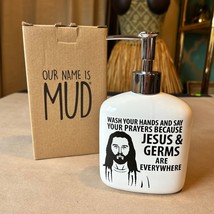 Humor Soap Dispenser JESUS &amp; GERMS White Ceramic Silver Liquid Soap Pump  - $23.76
