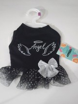 Dog Apparel X-Small Dog Tutu Dress &quot;Angel&quot; Halo Wings Black/Silver Glitter Bow - £7.94 GBP