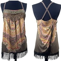 Free People Paisley Multi Media Strappy Top with Fringe Tulip Back Size M - £23.63 GBP