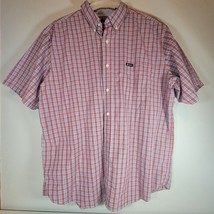 Chaps Mens Button Down Shirt 2XL Short Sleeve Easy Care Red White Blue Plaid - $14.00