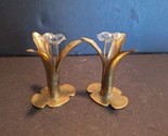 Solid Brass Miniature Bud Vases w/Glass Scalloped Tube Inserts 2pc Set A... - £66.01 GBP
