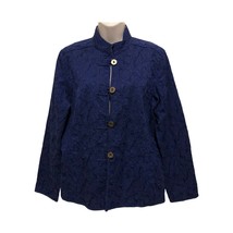 Chico&#39;s Womens 1 Royal Blue Collared Shirt Jacket Textured Blazer Button Loop - £6.67 GBP
