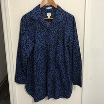 Chicos Women’s Size 2 Large Blue Black Animal Print No Iron button blouse Top - £13.98 GBP