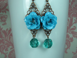Flower Earrings Turquoise Earrings  Shabby Chic Earring Rose Earrings Women Jewe - £17.20 GBP