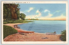 Greetings From Schroon Lake New York Postcard Linen Water Landscape Nature - $14.55