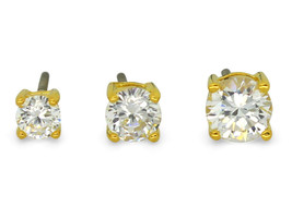 3 Pair Set Solitaire Studs Cz Earrings 14k Gold Plated Brilliant Round Cut - £8.81 GBP