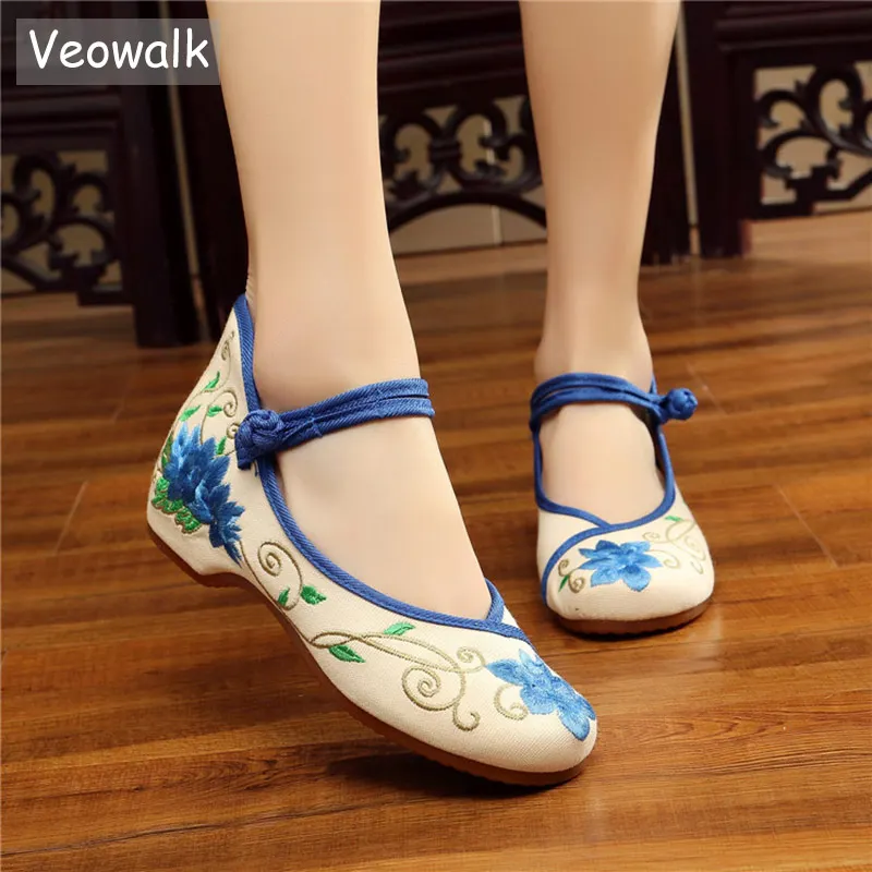 Veowalk New Woemen&#39;s Canvas Embroidered Ballet Flats Mid Top Chinese Style Ladie - £123.54 GBP