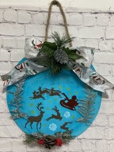 Santa reindeer Christmas sign blue Wall Door wood handmade hanging round... - $14.79