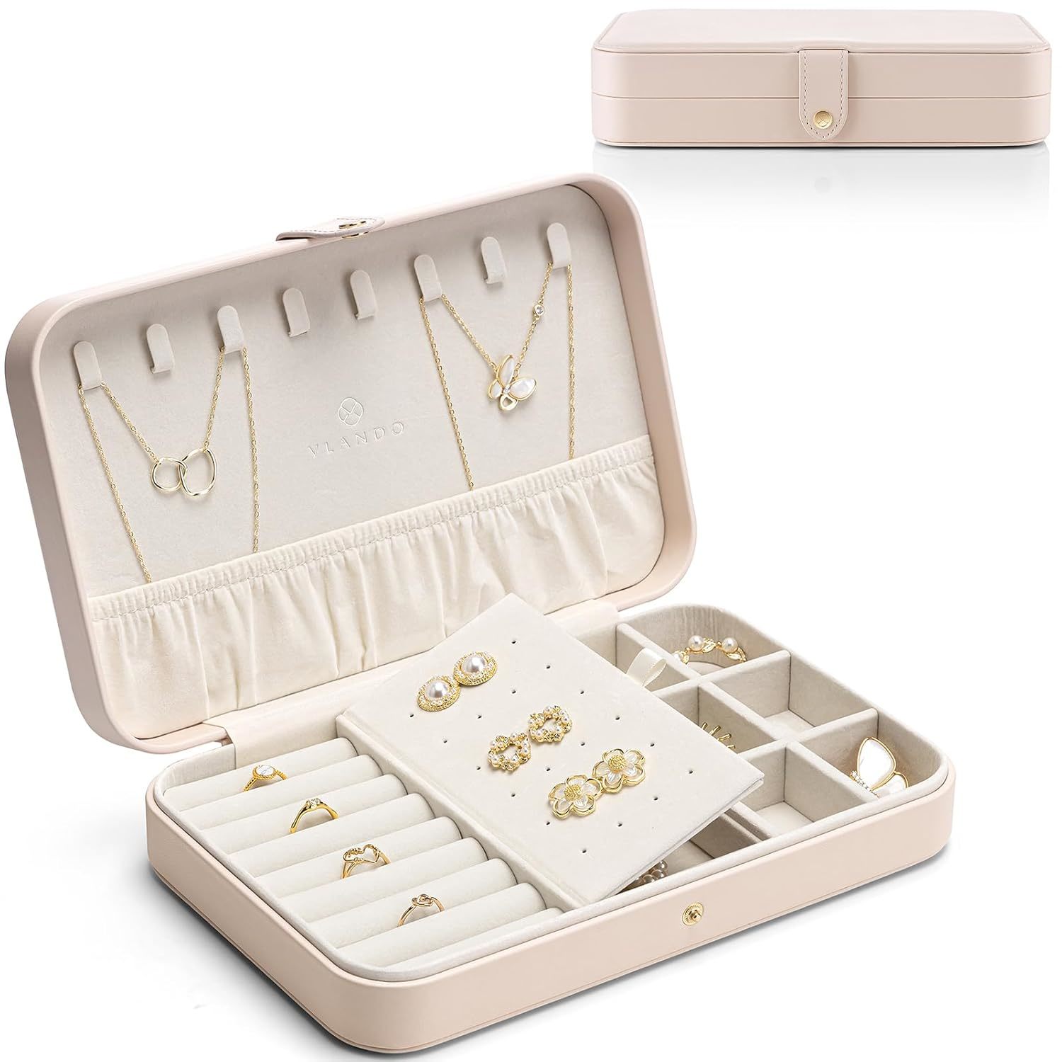 Vlando Travel Jewelry Box for Women - Portable PU Leather Jewelry Organizer for