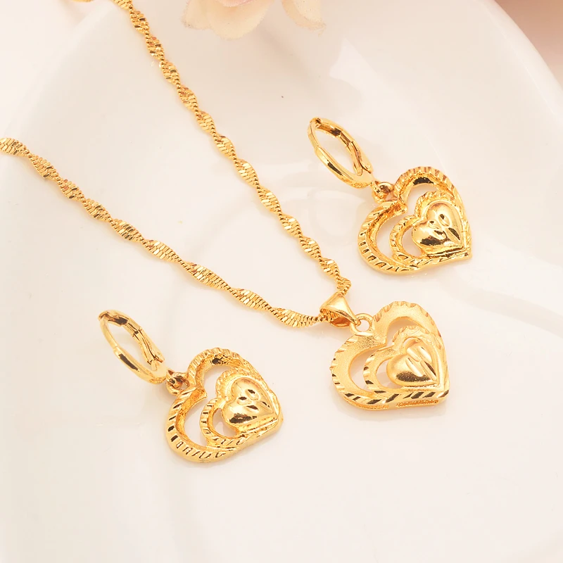 Solid Gold GF Twin heart flower women Jewelry Sets Europe bridals Wedding jewelr - £19.09 GBP