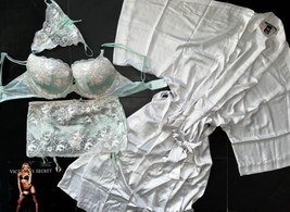 Victoria&#39;s Secret 34C,34D,36B Bra Set+Garter Skirt+Robe Silver Mint Seduction - £215.77 GBP