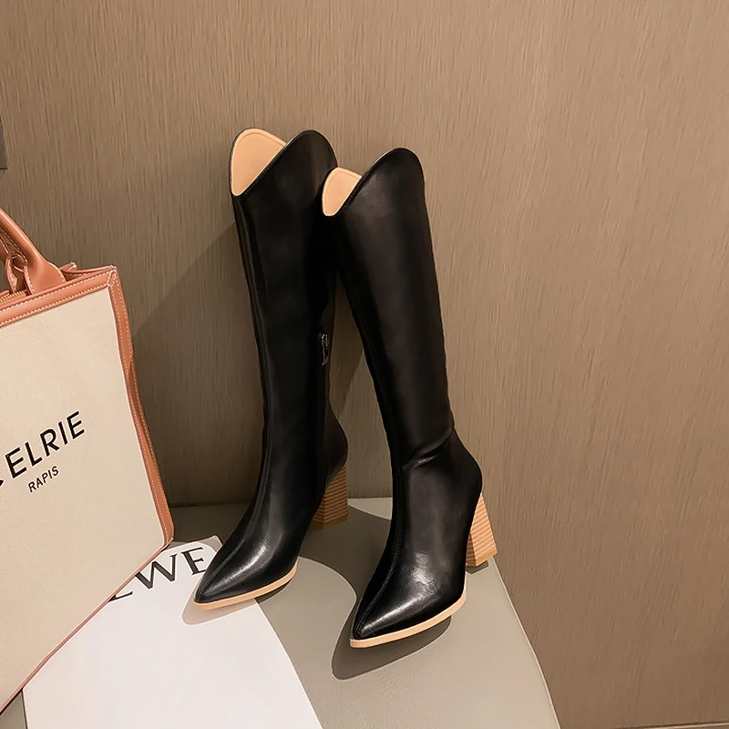 Autumn Winter Boots Women Pointed Toe Long Boots Back Zippers Square High Heel L - £104.86 GBP