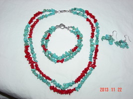 Turquoise and Coral Necklace, Bracelet, and Earring Set - Free Shipping - £31.31 GBP