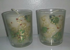  》2 Gold Foil Hand Scuplted Holly Berry Mistletoe Candles w/ Votives ️ - $12.86