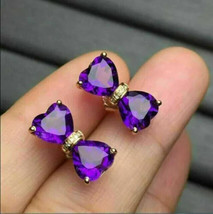 4Ct Heart Cut Simulated Amethyst Bow Stud Earrings 14k Yellow Gold Plated Silver - £32.87 GBP