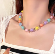 Colorful heart beaded necklace, adult beaded choker, Handmade beaded nec... - $22.47