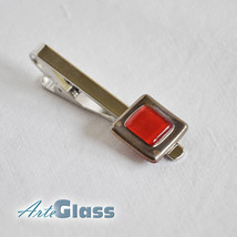 Tie clip handmade red painted glass decorated with platinum, square - $25.90