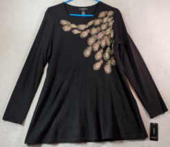 Alfani Shirt Top Womens Medium Black Peacock Knit Rayon Long Sleeve Round Neck - £10.61 GBP