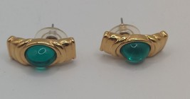 JEWELRY Goldtone Rectangular Design Round Green Stone Pierced Earrings - £6.22 GBP
