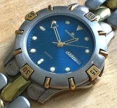 Vintage RADIUS Men Lady Dual Tone Blue Analog Quartz Watch~Day Date~New Battery - £25.50 GBP