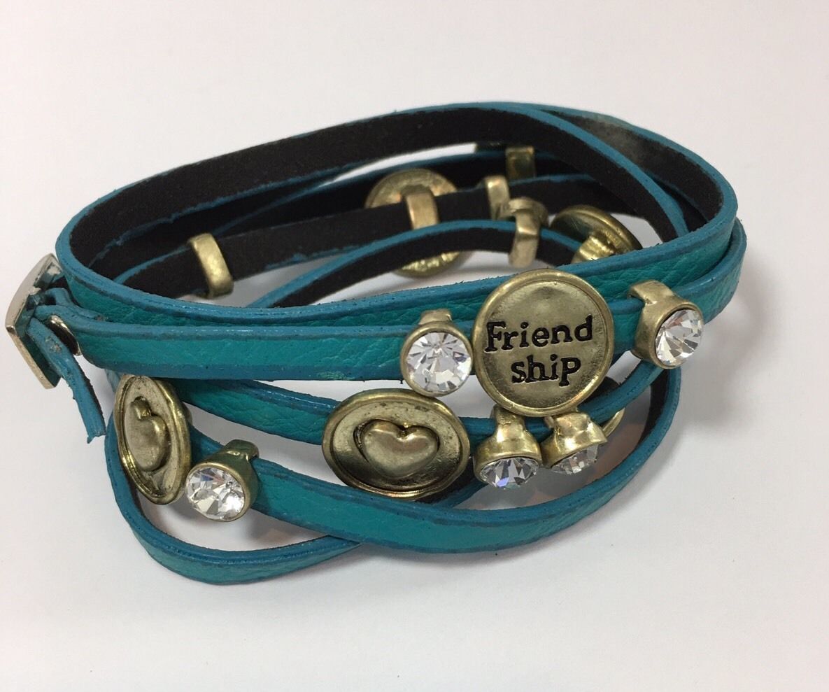 Turquoise Faux Leather Wrap Charm Bracelet Rhinestones - $14.84