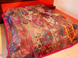 Vintage Patchwork Bedspread Hand Embroidery Bed Cover Throw Wall Hanging Curtain - £128.34 GBP+