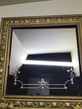 Victorian Square Etched Hanging Wall Mirror Ornate  Gold Wood Frame - $158.30