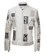 Men&#39;s Philipp Plein White Full Studded Embroidery Patches Genuine Leathe... - £215.92 GBP