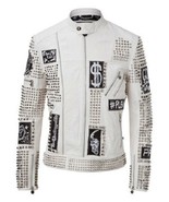 Men&#39;s Philipp Plein White Full Studded Embroidery Patches Genuine Leathe... - $376.46 CAD