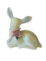 Fenton art glass figurine sculpture gift Milk White Doe Deer Pink Rose glossy - £56.22 GBP