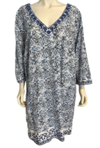 Lands&#39; End White and Blue Print V Neck Short Sleeve Embroidered Shift Dress 3X - £29.70 GBP