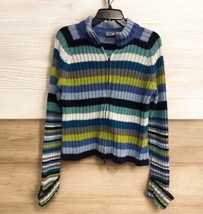 Vtg AZ Chunky Thick Y2K Striped Zip Up Turtleneck Sweater Fitted XL Blue... - $24.74