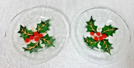2 Christmas Holly &amp; Berry Fused Glass Mini Plate Coaster Set 4" Great Shape - $18.32