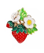 STRAWBERRY AND BLOSSOMS BROOCH 1.35&quot; Red Enamel Summer Fruit Pin High Qu... - £6.28 GBP