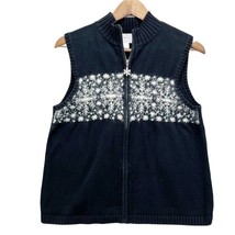 Christopher &amp; Banks Womens Sweater Vest Snowflake Black Silver Embroider... - £13.87 GBP