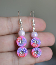 Handmade Pink clay flower silver Plated dangle earring - $10.99