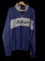 Tommy Hilfiger Sweater XL Mens Spell Out 1/4 Zip Ribbed Knit Pullover Blue Vtg - £96.65 GBP