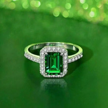 2Ct Emerald Simulated Green Emerald Halo Engagement Ring 14K White Gold ... - £39.45 GBP