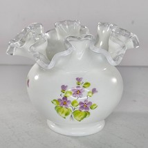 Vintage Fenton Violets In The Snow Double Crimped Vase Rose Bowl - £22.53 GBP