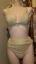 Gold Sparkle Sz M 2 pc Textured Bikini Swimsuit Hi Cut legs Adjustable S... - $24.39 CAD